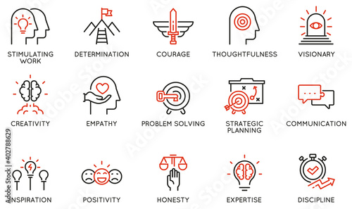 Vector Set of Linear Icons Related to Leadership Traits, Qualities for Success. Development and Teamwork. Mono Line Pictograms and Infographics Design Elements - part 2