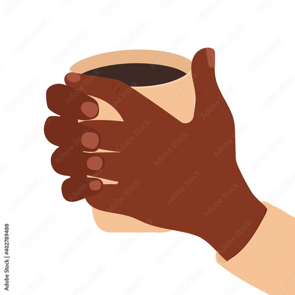 Hand drawn cartoon hands holds a cup of hot drink. African black skin. Close up vector illustration isolated on white background Hand drawn cartoon hands holds a cup of hot drink. African black skin. Close up vector illustration isolated on white background