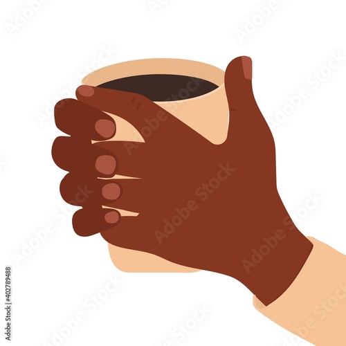 Hand drawn cartoon hands holds a cup of hot drink. African black skin. Close up vector illustration isolated on white background