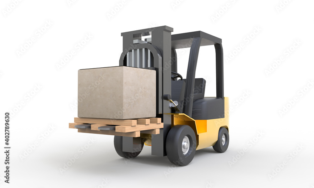 Yellow forklift moving and lifting up cardboard box pallet on white background. Transportation and Industrial concept. Shipment and delivery storage. 3D illustration rendering