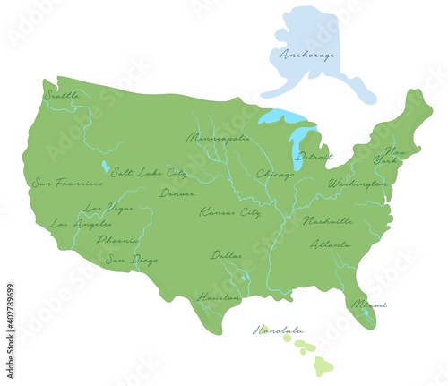 Cartoon flat map of USA. Travel illustration with lcities, rivers. Vector isolated on white background