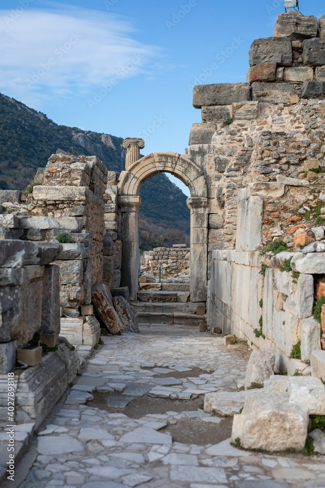 Ancient door and ruins in Ephesus Turkey