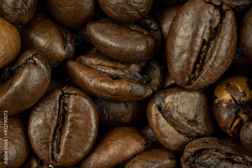 roasted coffee beans macro photo. background or texture