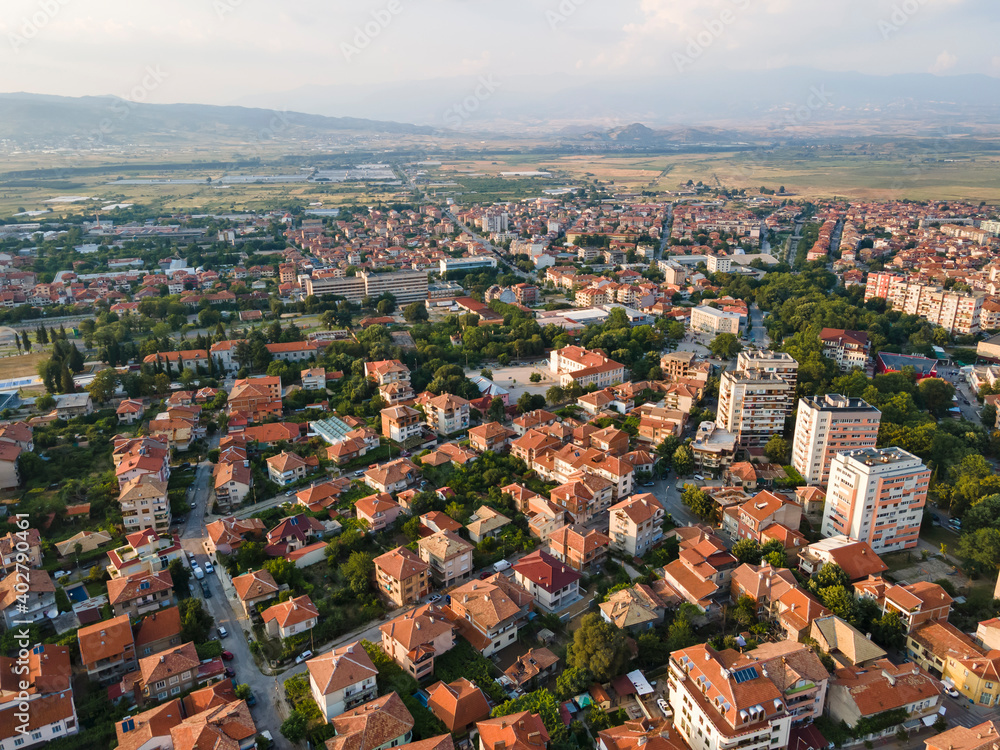 Aerial sunset view of town of Petrich, Bulgaria