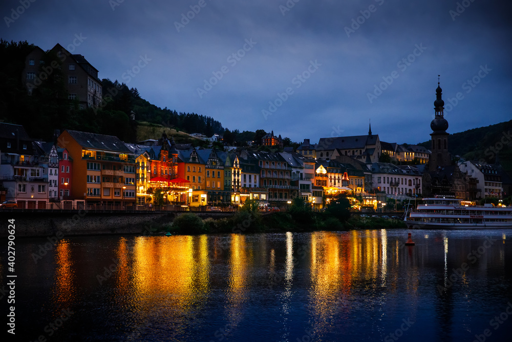Cochem, Germany, beautiful historical town on romantic Moselle river, city view by night