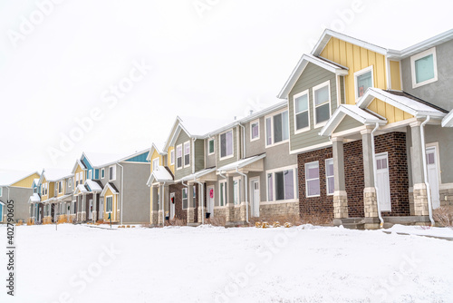 Stunning winter landscape of apartments in a snowy neighborhood in the suburbs