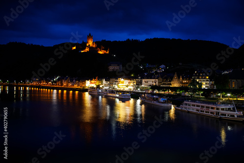 Cochem, Germany, beautiful historical town on romantic Moselle river, city view with Reichsburg castle on a hill