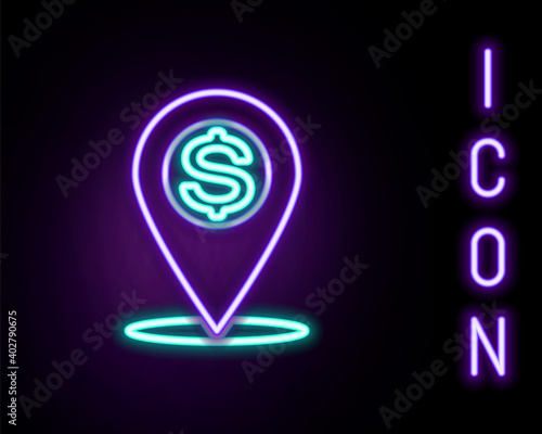 Glowing neon line Cash location pin icon isolated on black background. Pointer and dollar symbol. Money location. Business and investment concept. Colorful outline concept. Vector.
