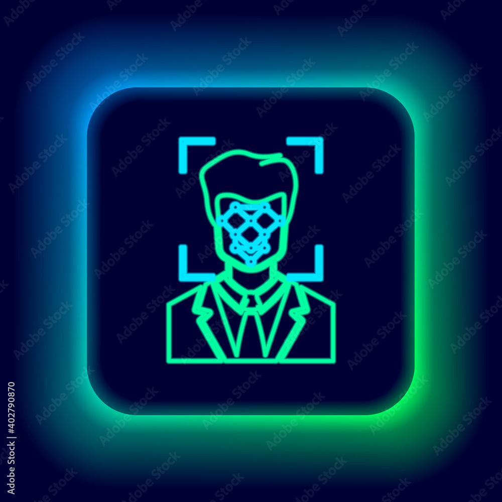 Glowing neon line Face recognition icon isolated on black background. Face identification scanner icon. Facial id. Cyber security concept. Colorful outline concept. Vector. Glowing neon line Face recognition icon isolated on black background. Face identification scanner icon. Facial id. Cyber security concept. Colorful outline concept. Vector.