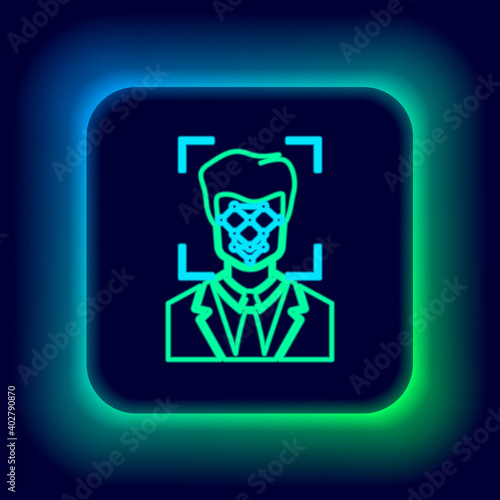 Glowing neon line Face recognition icon isolated on black background. Face identification scanner icon. Facial id. Cyber security concept. Colorful outline concept. Vector.