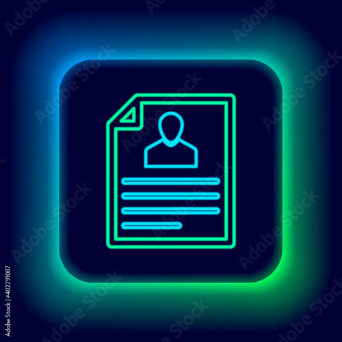Glowing neon line Resume icon isolated on black background. CV application. Searching professional staff. Analyzing personnel resume. Colorful outline concept. Vector.