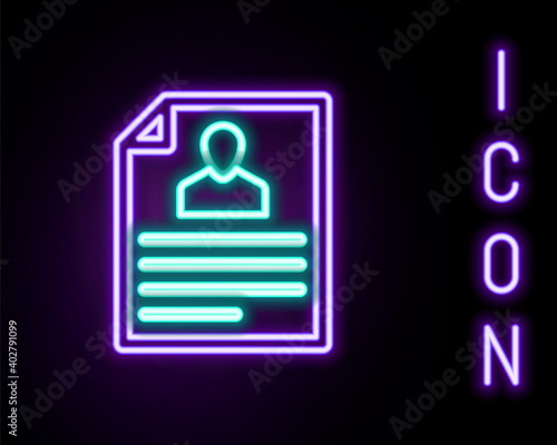 Glowing neon line Resume icon isolated on black background. CV application. Searching professional staff. Analyzing personnel resume. Colorful outline concept. Vector.
