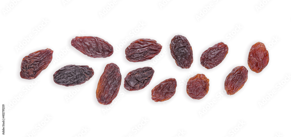 Top view of dried raisins isolated on white background. Top view of dried raisins isolated on white background.
