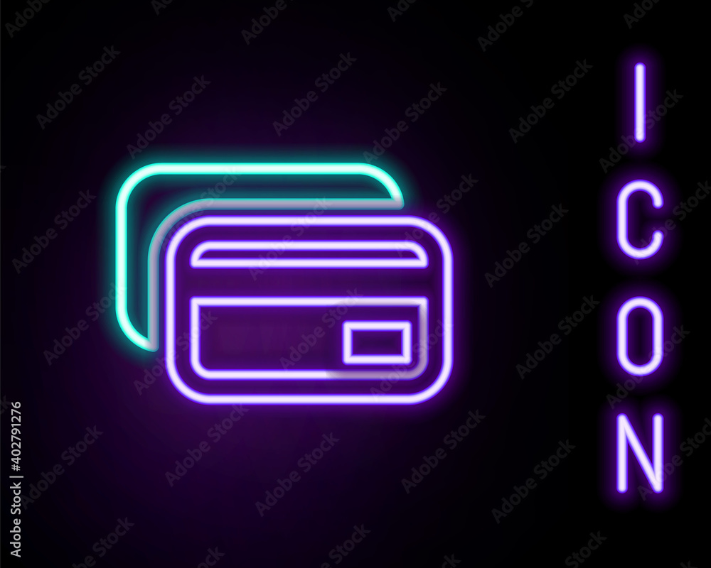 Glowing neon line Credit card icon isolated on black background. Online payment. Cash withdrawal. Financial operations. Shopping sign. Colorful outline concept. Vector. Glowing neon line Credit card icon isolated on black background. Online payment. Cash withdrawal. Financial operations. Shopping sign. Colorful outline concept. Vector.