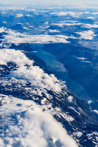 View from airplane to fjords in Norway