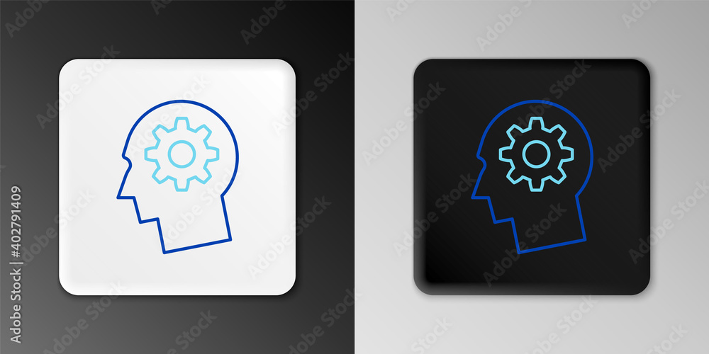Line Human head with gear inside icon isolated on grey background. Artificial intelligence. Thinking brain. Symbol work of brain. Colorful outline concept. Vector. Line Human head with gear inside icon isolated on grey background. Artificial intelligence. Thinking brain. Symbol work of brain. Colorful outline concept. Vector.