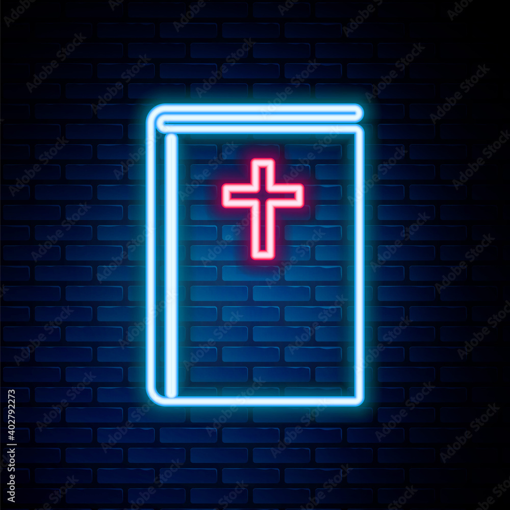 Glowing neon line Holy bible book icon isolated on brick wall background. Colorful outline concept. Vector. Glowing neon line Holy bible book icon isolated on brick wall background. Colorful outline concept. Vector.
