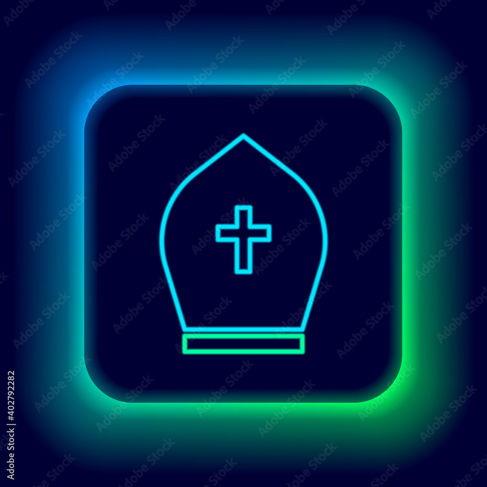 Glowing neon line Pope hat icon isolated on black background. Christian hat sign. Colorful outline concept. Vector. Glowing neon line Pope hat icon isolated on black background. Christian hat sign. Colorful outline concept. Vector.