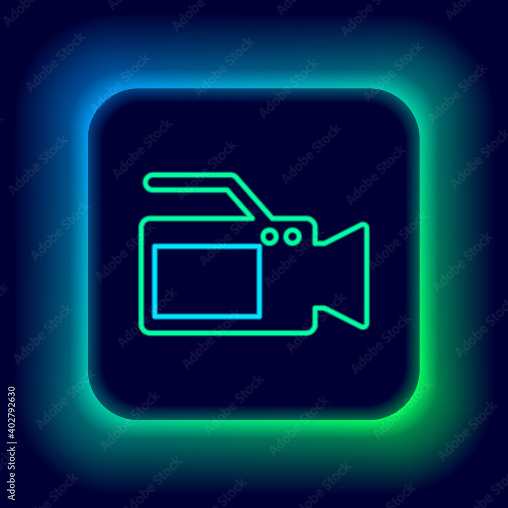 Glowing neon line Cinema camera icon isolated on black background. Video camera. Movie sign. Film projector. Colorful outline concept. Vector. Glowing neon line Cinema camera icon isolated on black background. Video camera. Movie sign. Film projector. Colorful outline concept. Vector.