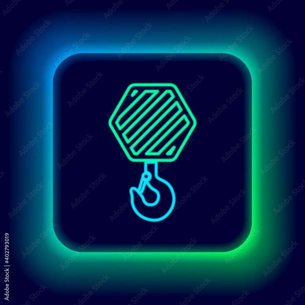 Glowing neon line Industrial hook icon isolated on black background. Crane hook icon. Colorful outline concept. Vector. Glowing neon line Industrial hook icon isolated on black background. Crane hook icon. Colorful outline concept. Vector.