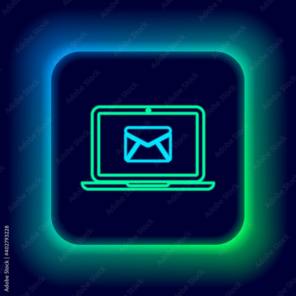 Glowing neon line Laptop with envelope and open email on screen icon isolated on black background. Email marketing, internet advertising concepts. Colorful outline concept. Vector. Glowing neon line Laptop with envelope and open email on screen icon isolated on black background. Email marketing, internet advertising concepts. Colorful outline concept. Vector.