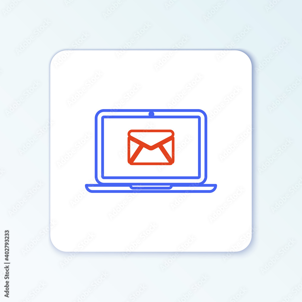 Line Laptop with envelope and open email on screen icon isolated on white background. Email marketing, internet advertising concepts. Colorful outline concept. Vector. Line Laptop with envelope and open email on screen icon isolated on white background. Email marketing, internet advertising concepts. Colorful outline concept. Vector.