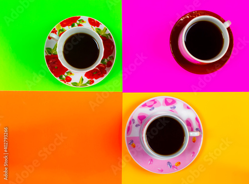 Cups of coffee on colorful background.With space for your text or creativity