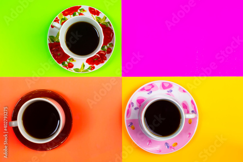 Cups of coffee on colorful background.With space for your text or creativity