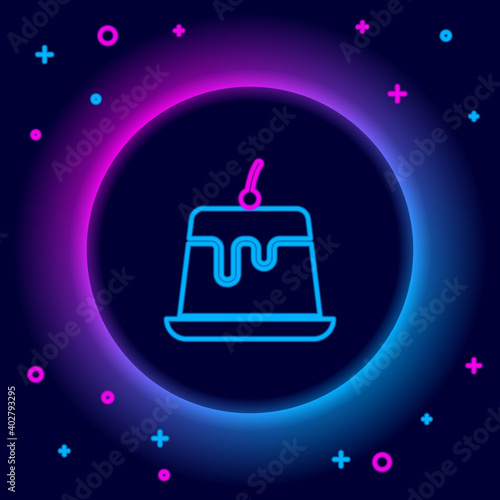 Glowing neon line Pudding custard with caramel glaze icon isolated on black background. Colorful outline concept. Vector.