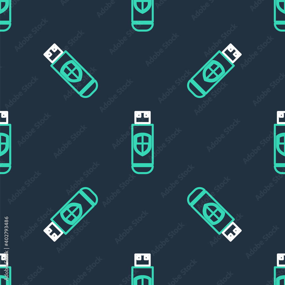 Line USB flash drive and protection shield icon isolated seamless pattern on black background. Vector. Line USB flash drive and protection shield icon isolated seamless pattern on black background. Vector.