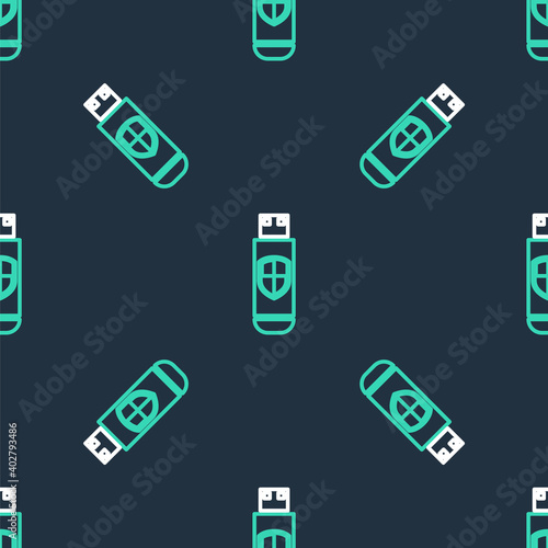 Line USB flash drive and protection shield icon isolated seamless pattern on black background. Vector.