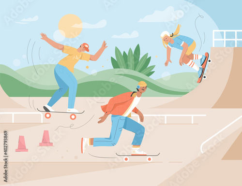 Sportive people riding skateboards at urban skate park
