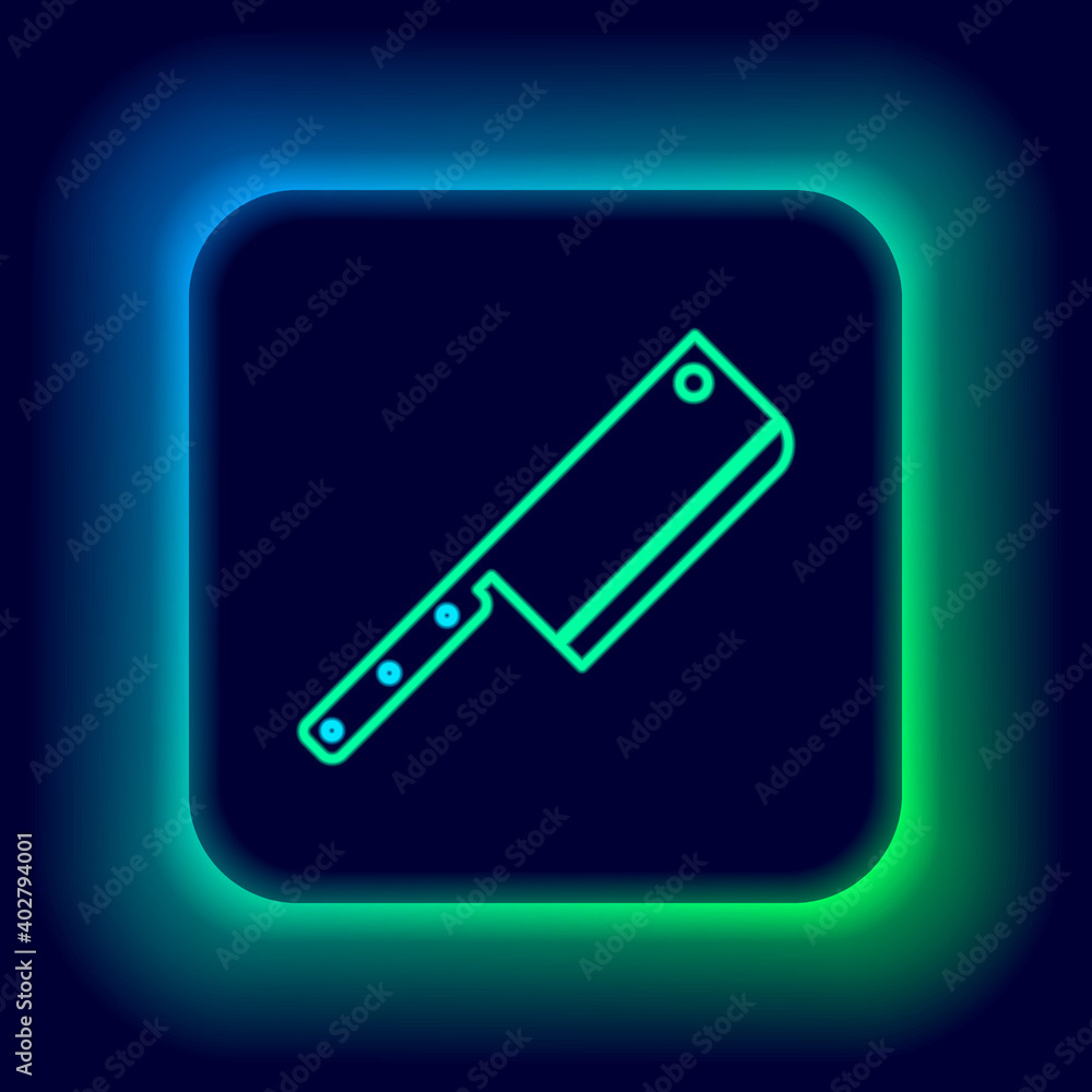 Glowing neon line Meat chopper icon isolated on black background. Kitchen knife for meat. Butcher knife. Colorful outline concept. Vector. Glowing neon line Meat chopper icon isolated on black background. Kitchen knife for meat. Butcher knife. Colorful outline concept. Vector.