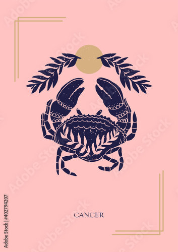 Zodiac sign Cancer in boho style on the pink background. Trendy vector illustration.