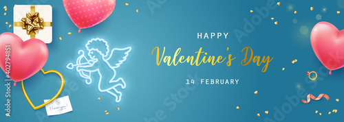 Happy Valentine's Day. Banner, flyer, poster, greeting card with realistic design elements, gift box, metal hearts, balloons in the shape of heart, strewn with confetti. Romantic background