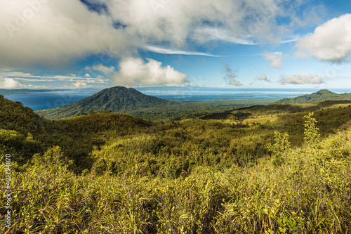 View of the surrounding landscape and the sea from Dukono volcano, Halmahera, Indonesia