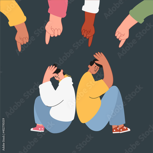 The girl and the guy sit with their backs to each other and are very sad. Psychological problems in adolescence. Adaptation and development of adolescents. Vector illustration