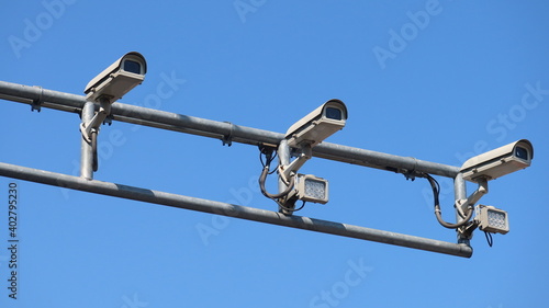Overhead CCTV traffic cameras on steel pole