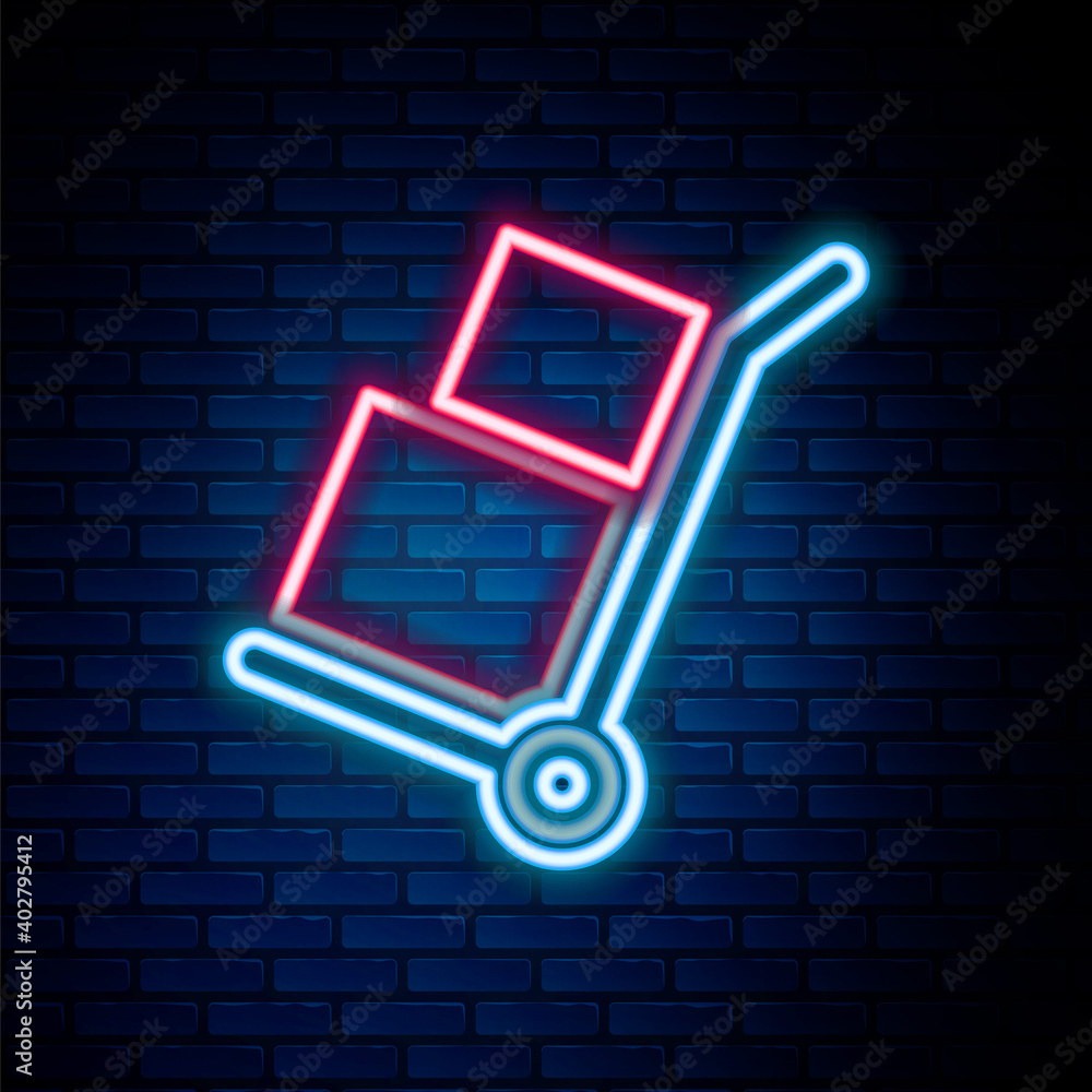 Glowing neon line Hand truck and boxes icon isolated on brick wall background. Dolly symbol. Colorful outline concept. Vector. Glowing neon line Hand truck and boxes icon isolated on brick wall background. Dolly symbol. Colorful outline concept. Vector.