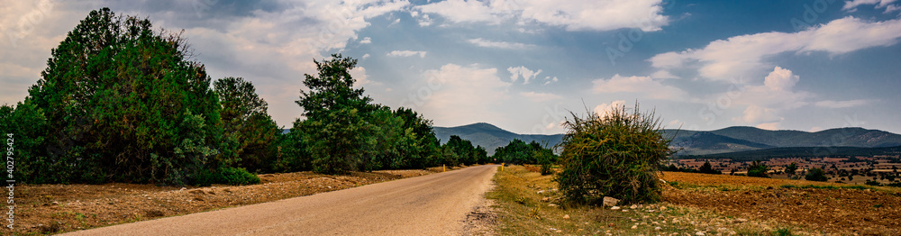 Agriculture planting areas. Steppe landscape. Beautiful blue sky. Sunny summer day. Country road. Panoramic shot. High resolution sharp photo. Panorama banner. Agriculture planting areas. Steppe landscape. Beautiful blue sky. Sunny summer day. Country road. Panoramic shot. High resolution sharp photo. Panorama banner.