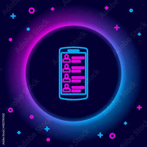 Glowing neon line Smartphone with contacts on screen icon isolated on black background. Incoming call. People on phone screen. Call contact. Colorful outline concept. Vector.