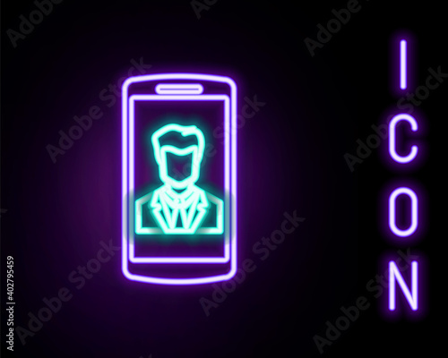 Glowing neon line Smartphone with contact on screen icon isolated on black background. Incoming call. Human on phone screen. Call contact. Colorful outline concept. Vector.