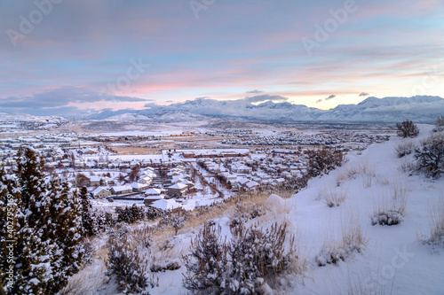 Neighborhood amidst views of fantastic mountain and white landscape in winter