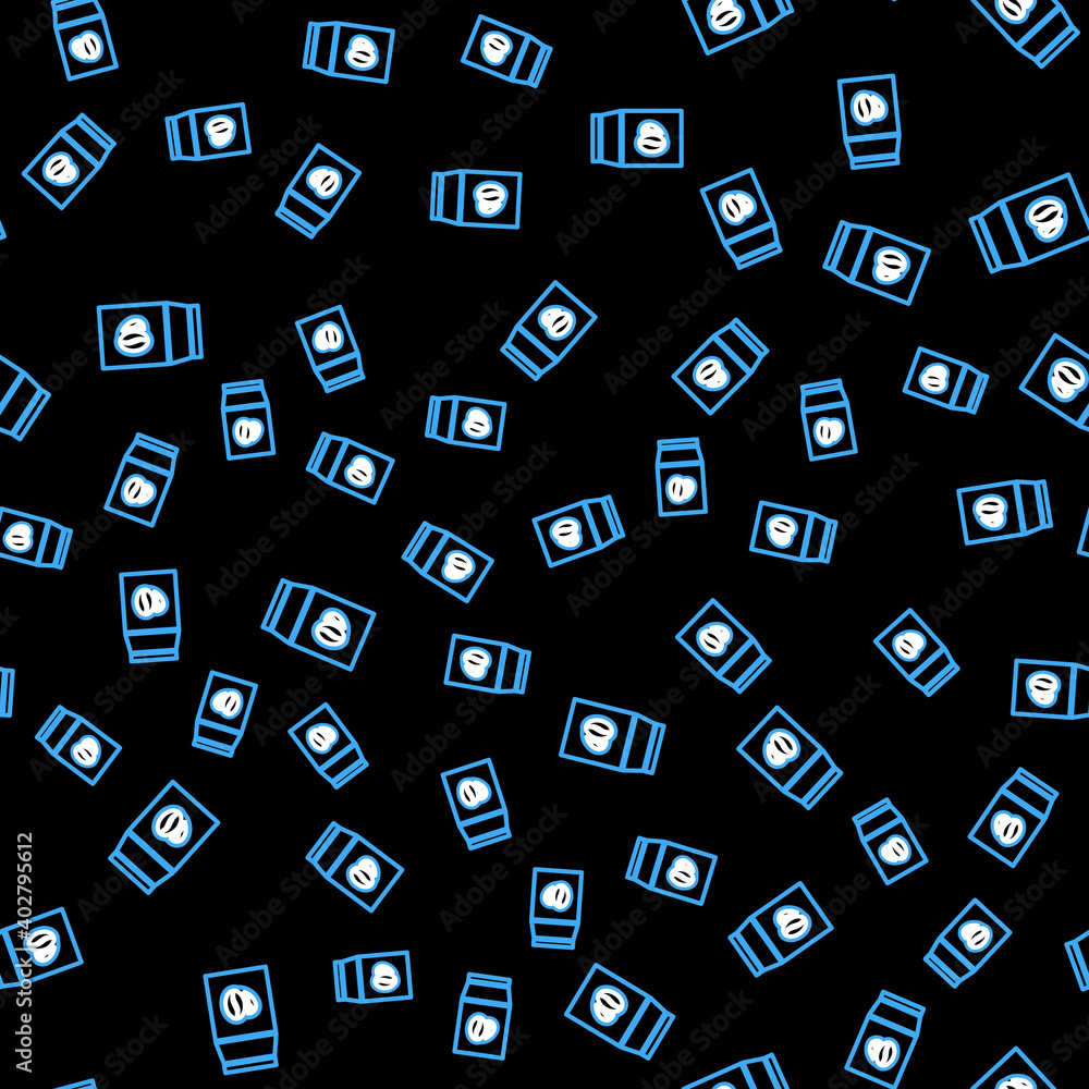 Line Coffee beans in bag icon isolated seamless pattern on black background. Vector. Line Coffee beans in bag icon isolated seamless pattern on black background. Vector.