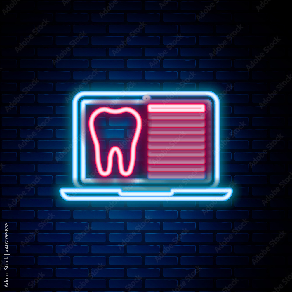Glowing neon line Laptop with dental card or patient medical records icon isolated on brick wall background. Dental insurance. Dental clinic report. Colorful outline concept. Vector. Glowing neon line Laptop with dental card or patient medical records icon isolated on brick wall background. Dental insurance. Dental clinic report. Colorful outline concept. Vector.