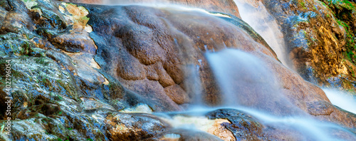 Colorful waterfall landscape. Gurleyik stream with long exposure, Mihaliccik, Eskisehir, Turkey. Panoramic shot. High resolution sharp photo. Panorama banner. photo