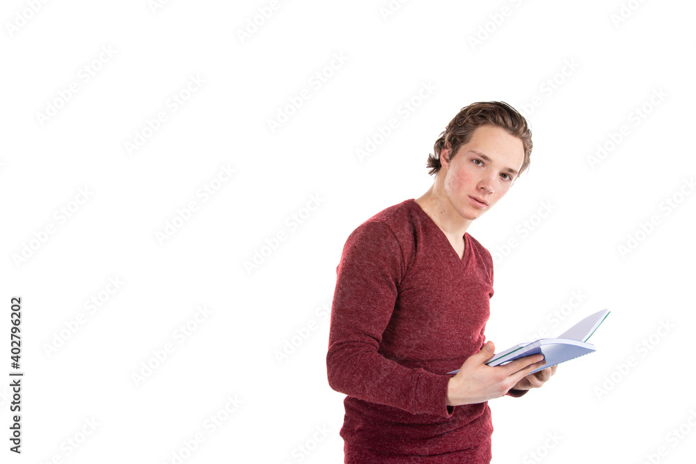 Student on a white background. Young attractive guy and books. Student on a white background. Young attractive guy and books.