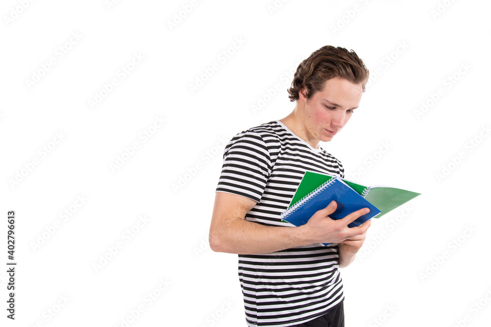 Student on a white background. Young attractive guy and books. Student on a white background. Young attractive guy and books.