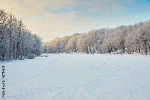 Snowy winter in Russia. Winter forest landscape with snow-covered trees and snowdrifts. Nizhny Novgorod © Evgeniya
