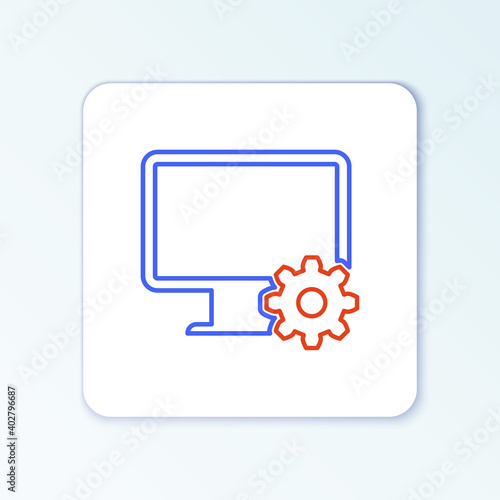 Line Computer monitor and gear icon isolated on white background. Adjusting, service, setting, maintenance, repair, fixing. Colorful outline concept. Vector.